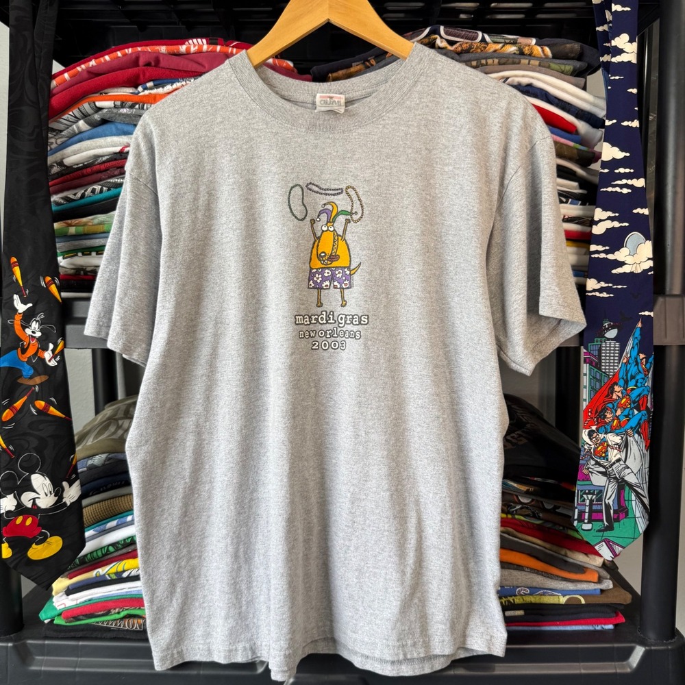 Y2K Gray Mardi Gras New Orleans 2003 Graphic T-Shirt Large Light Marks